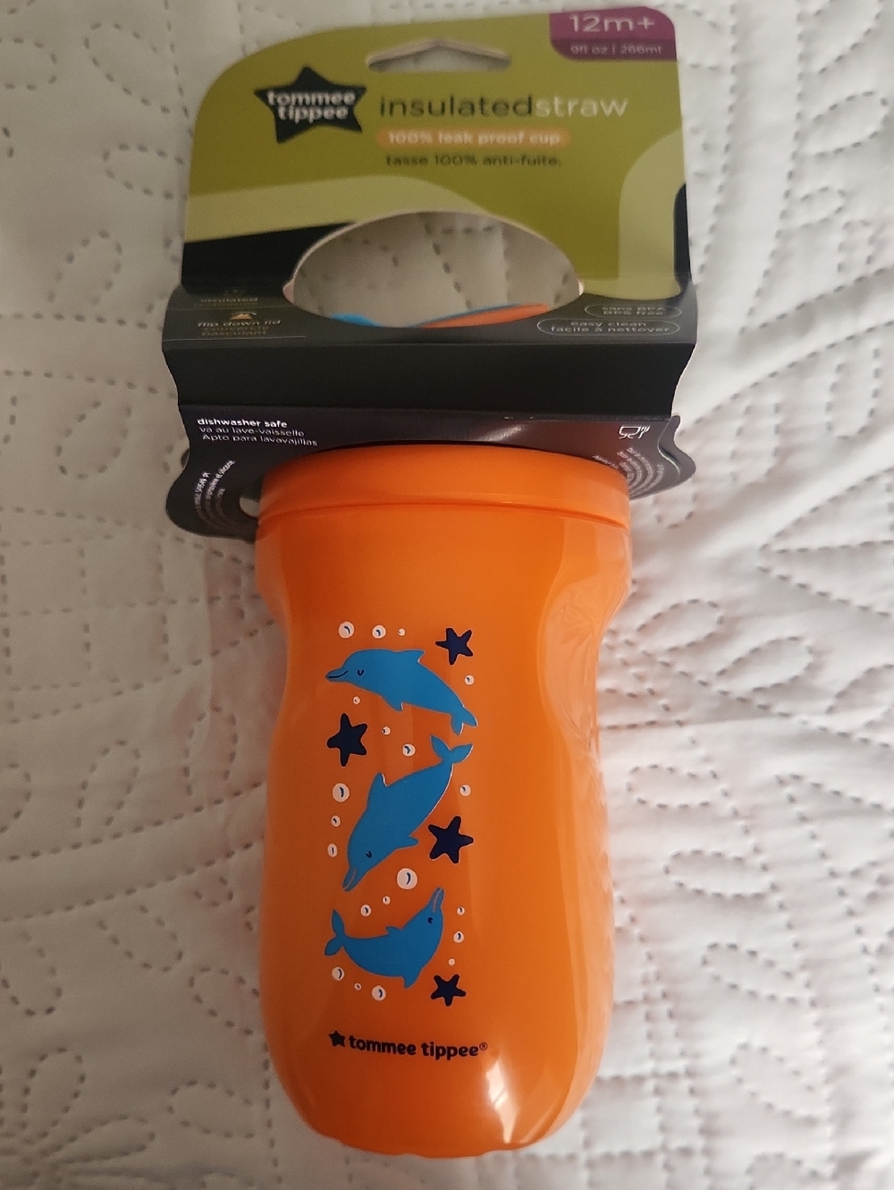 Tommee Tippee Orange Insulated Straw Cup with Blue Dolphins 12M+